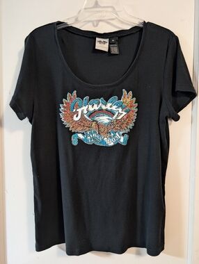 Harley-Davidson Black Short Sleeve Scoop Neck Tee with Multicolor Eagle Graphic
